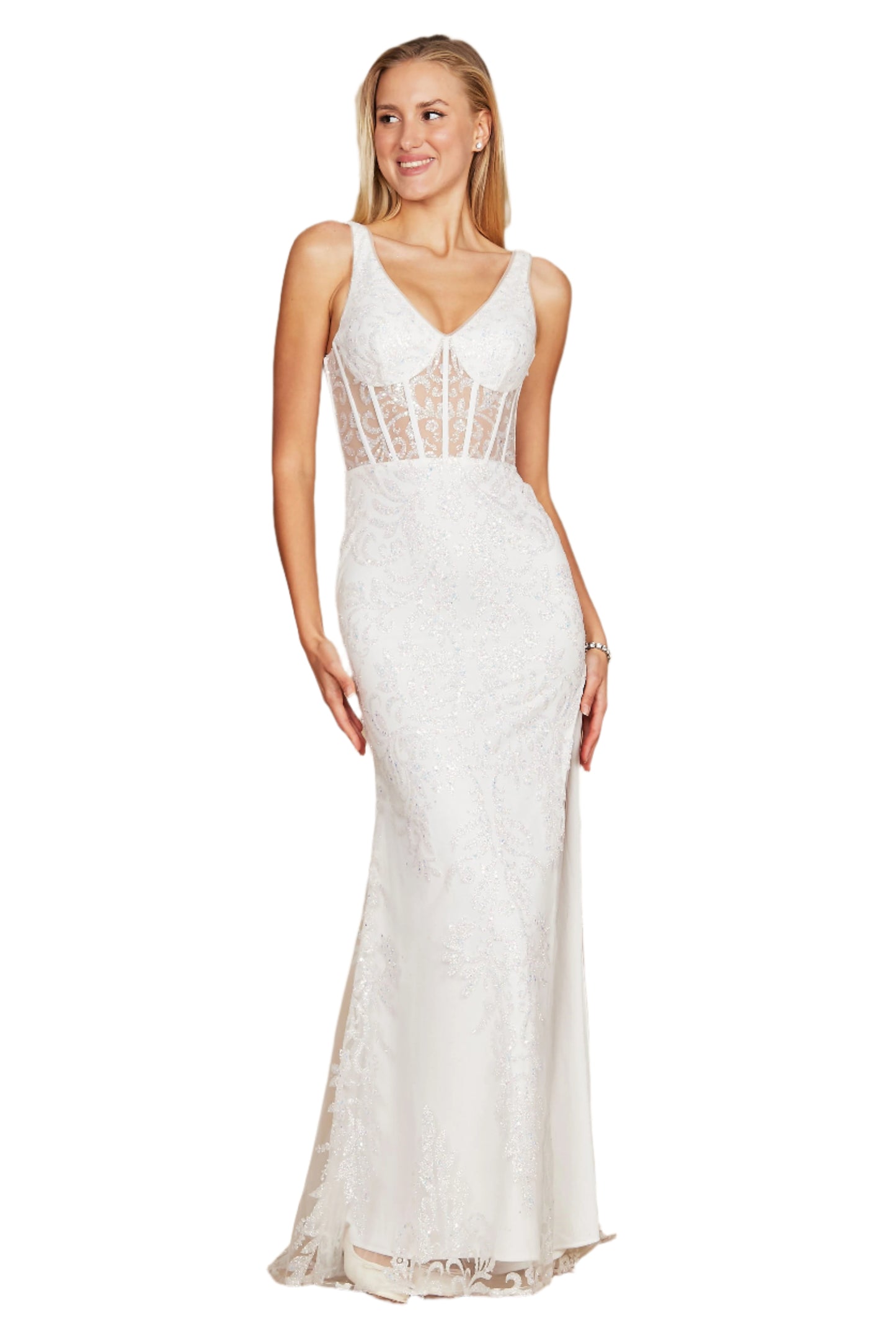 Kos Couture Sequin Corset-Style Bodice Formal Gown Prom Dress - WHITE - Front