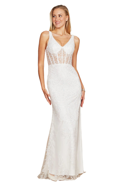 Kos Couture Sequin Corset-Style Bodice Formal Gown Prom Dress - WHITE - Front