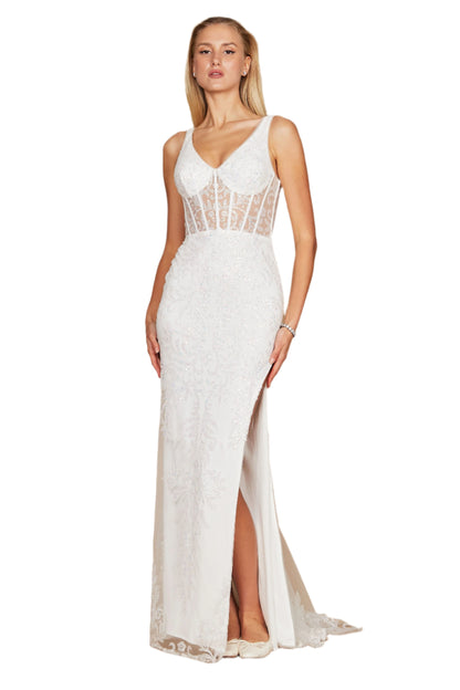 Kos Couture Sequin Corset-Style Bodice Formal Gown Prom Dress - WHITE - Front View
