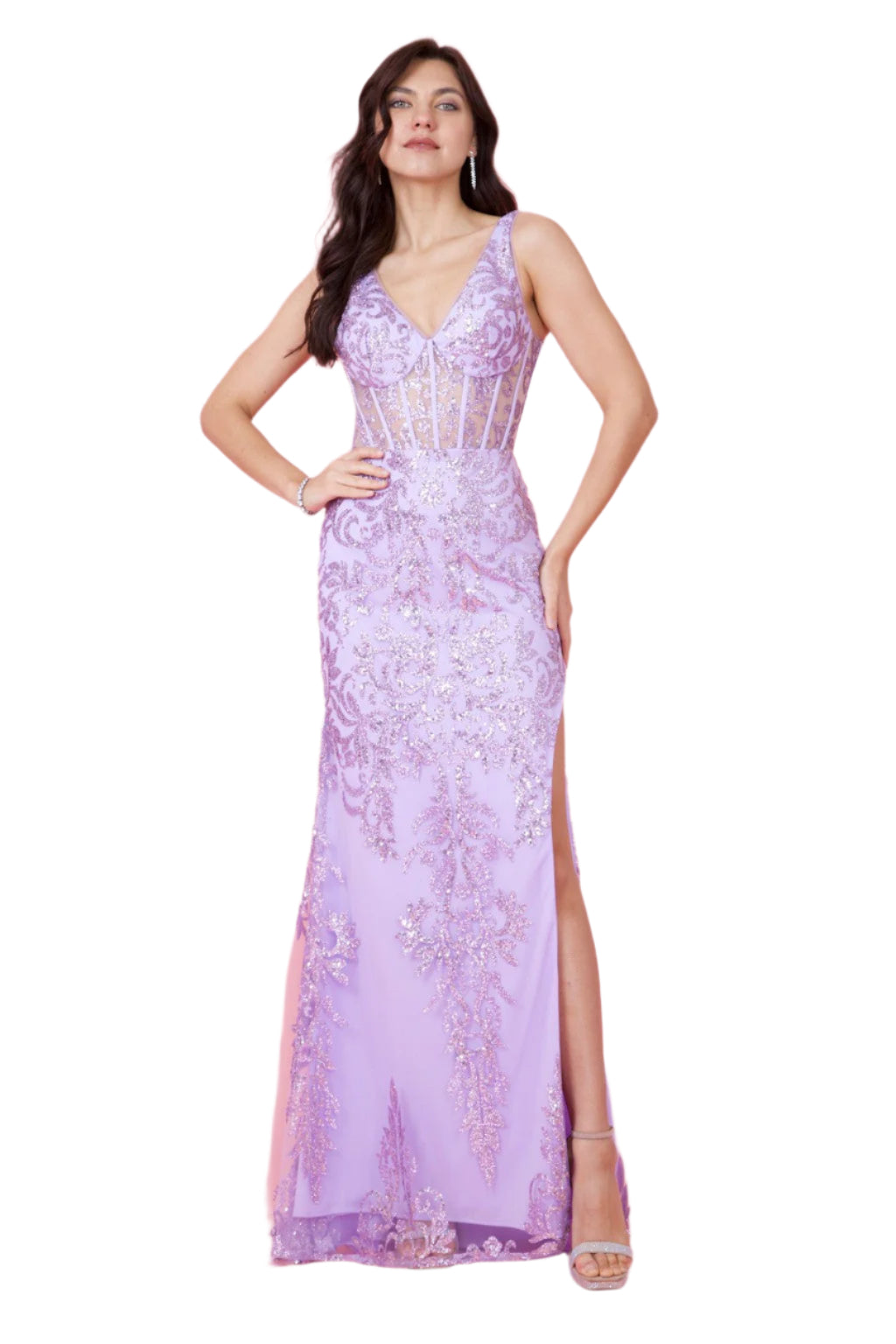 Kos Couture Sequin Corset-Style Bodice Formal Gown Prom Dress - LILAC - Front