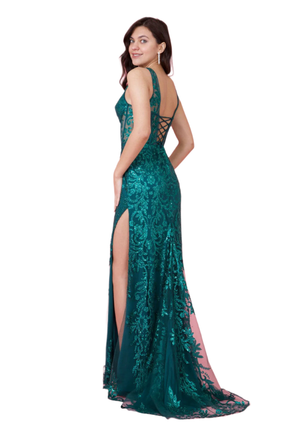 Kos Couture Sequin Corset-Style Bodice Formal Gown Prom Dress - EMERALD GREEN - Back