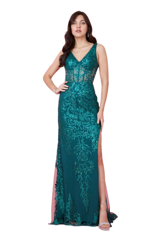 Kos Couture Sequin Corset-Style Bodice Formal Gown Prom Dress - EMERALD GREEN - Front