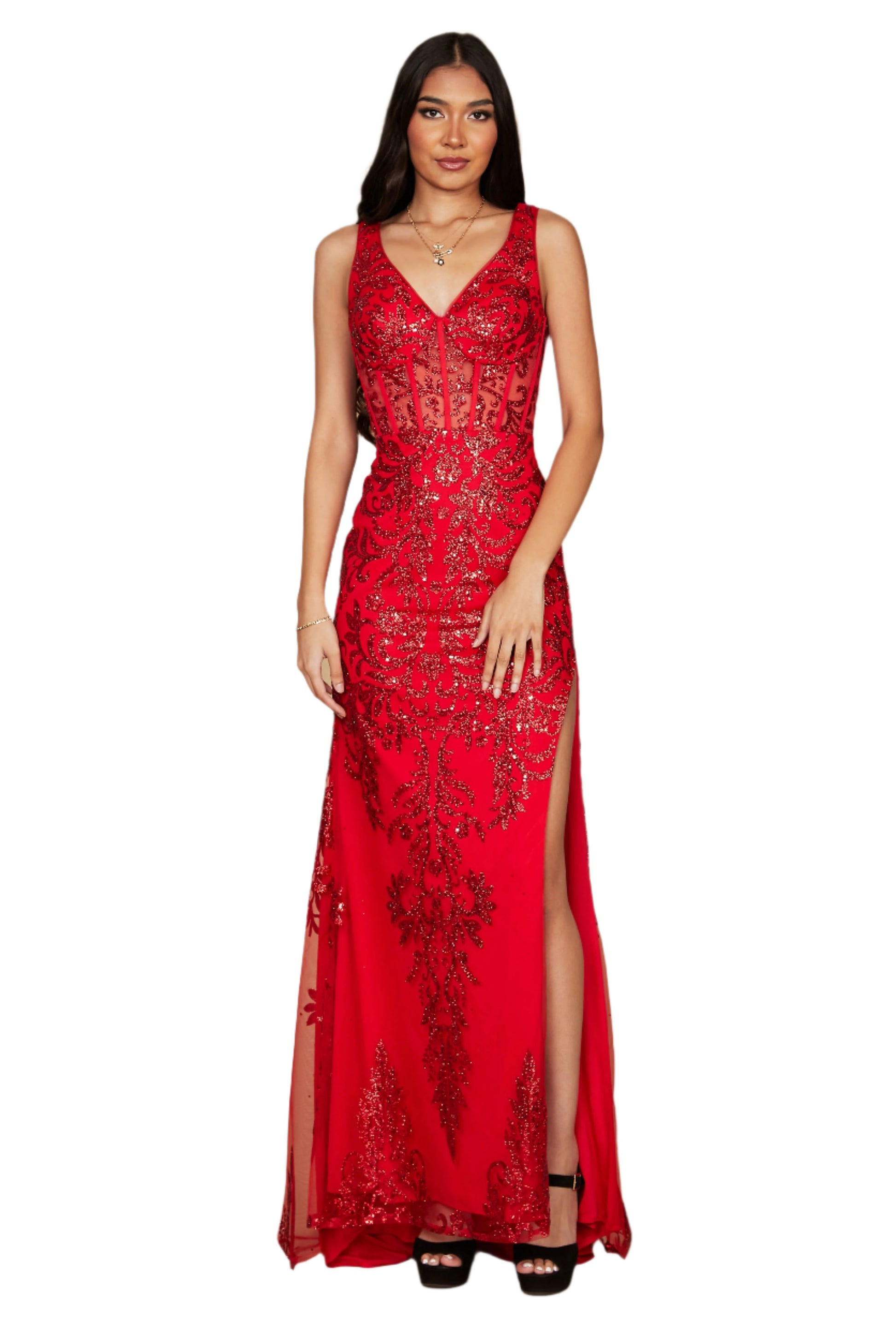 Kos Couture Sequin Corset-Style Bodice Formal Gown Prom Dress - RED - Front