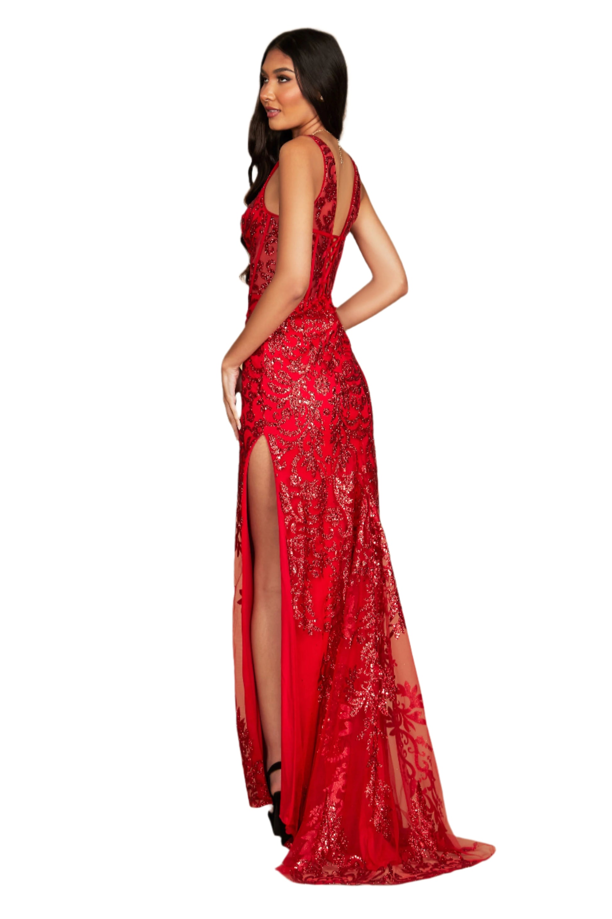 Kos Couture Sequin Corset-Style Bodice Formal Gown Prom Dress - RED - Back