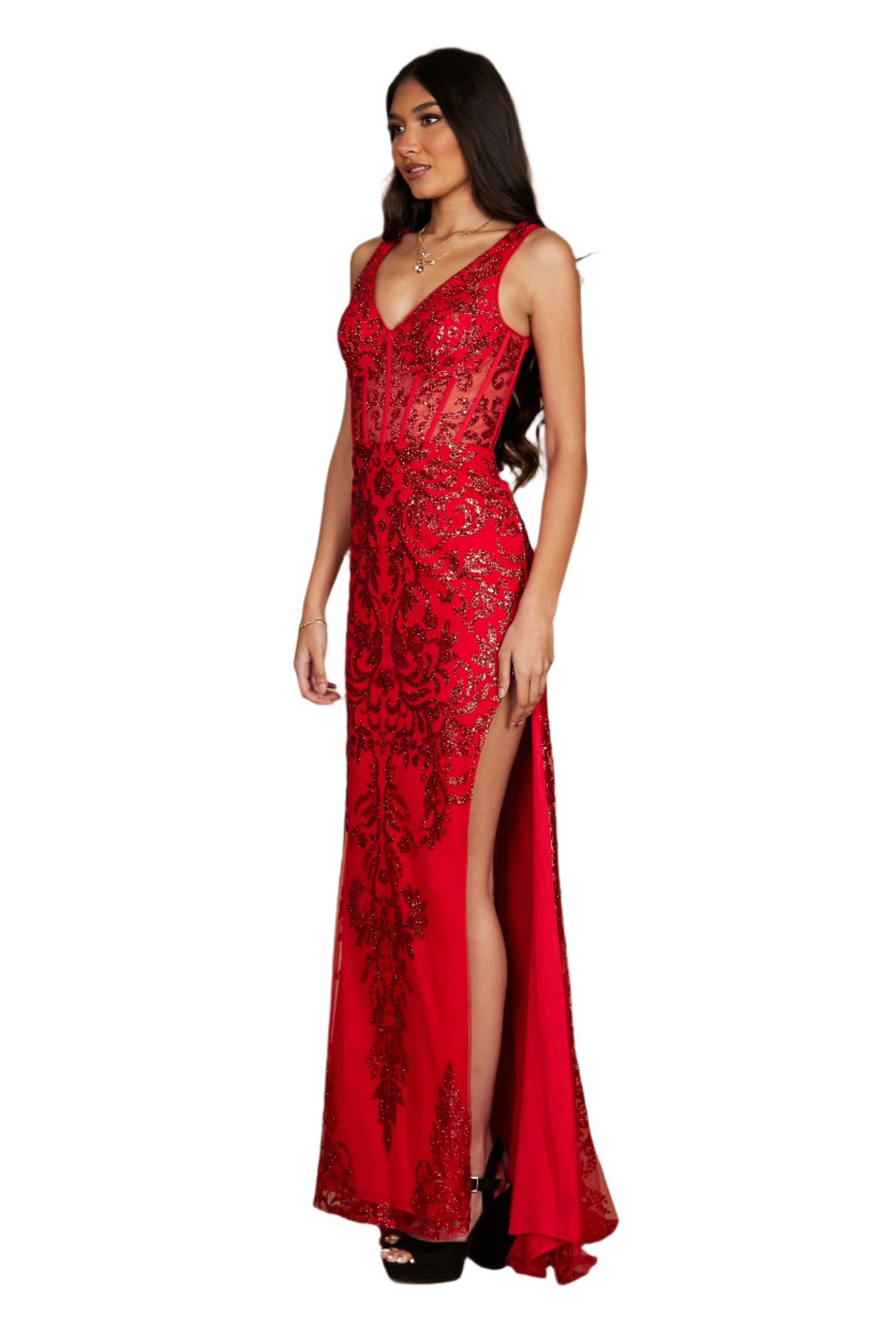 Kos Couture Sequin Corset-Style Bodice Formal Gown Prom Dress - RED - Side
