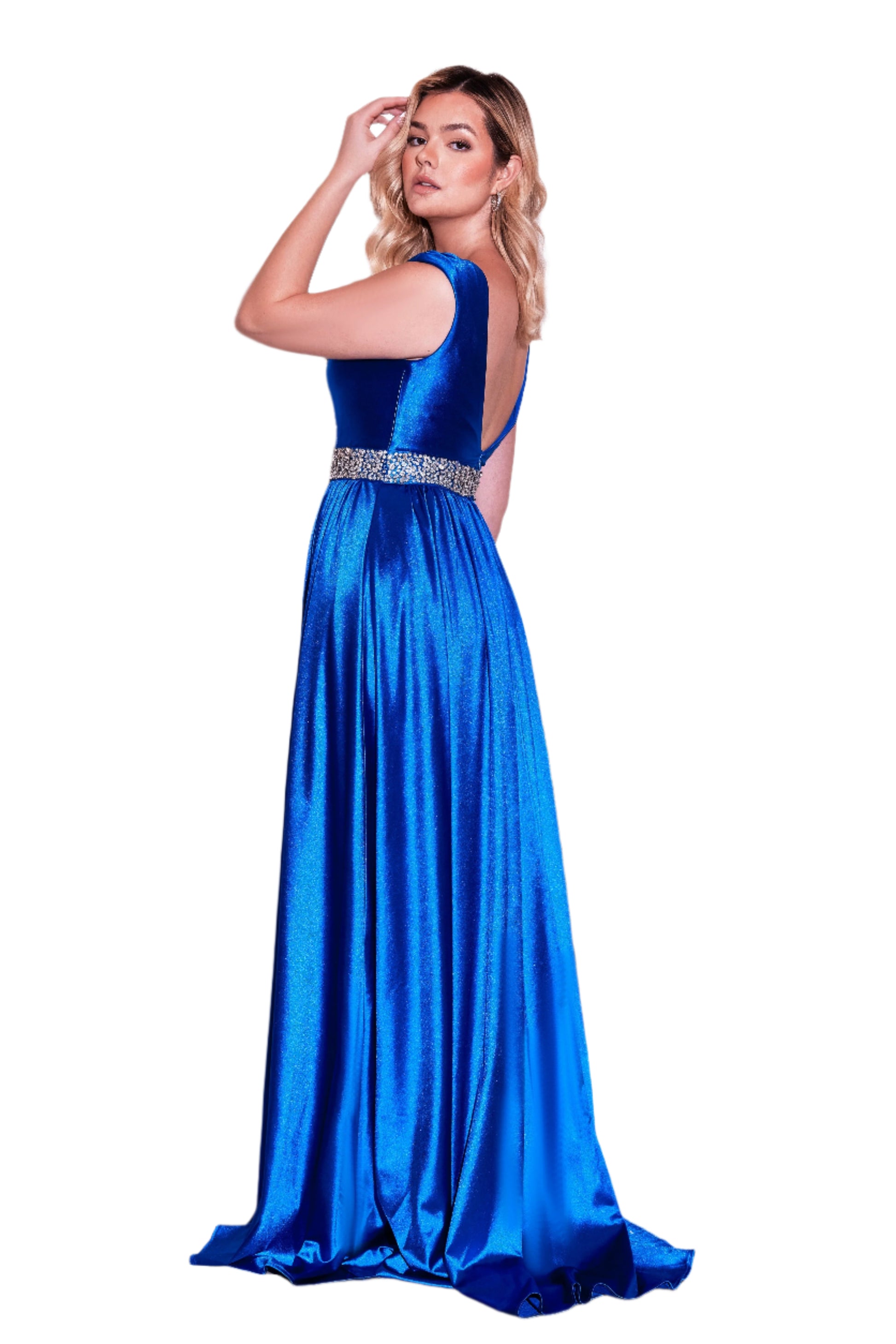 Dylan and Davids Full-Length Formal Gown Royal Blue Hand Beaded Belt Dress - ROYAL BLUE - SIDE