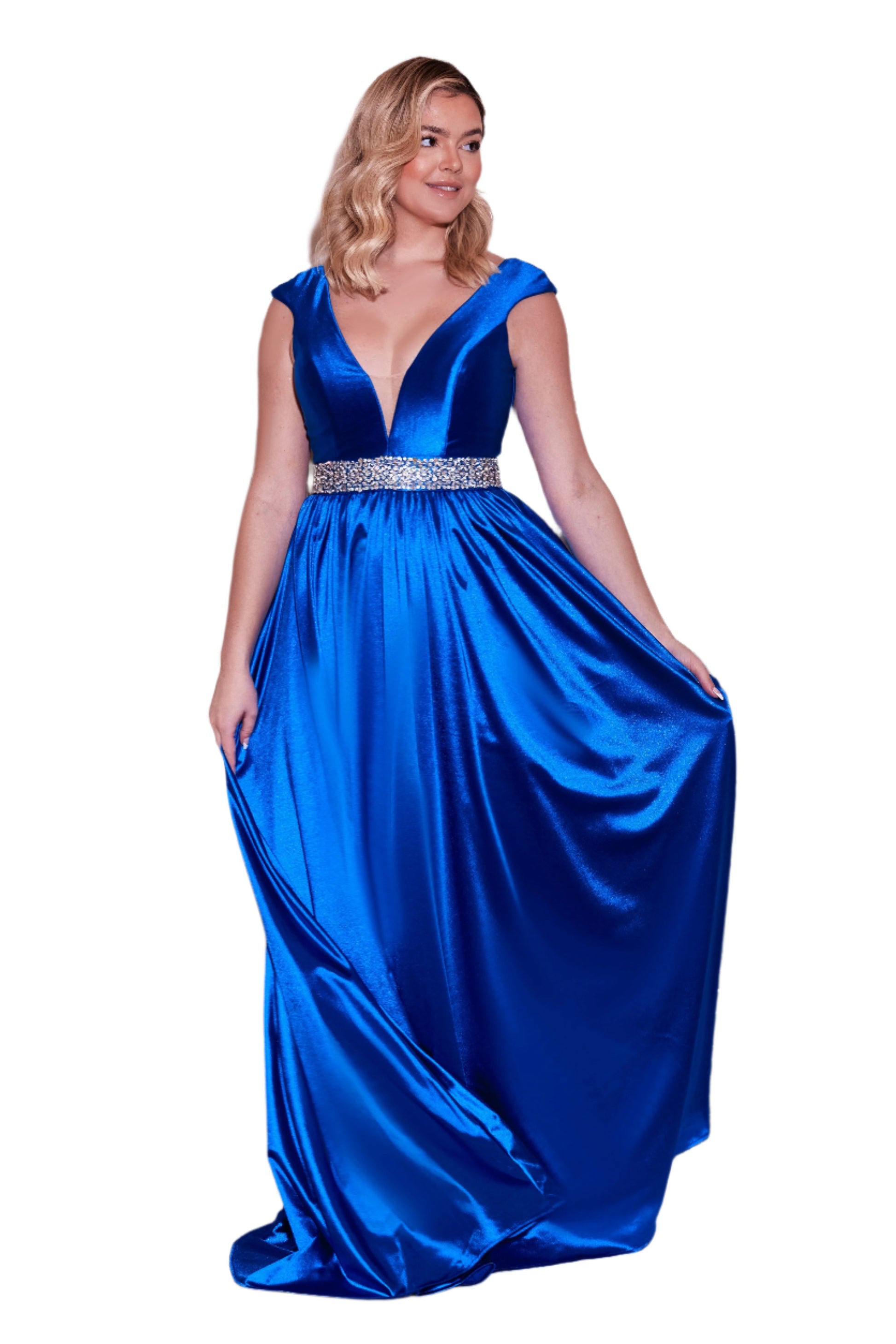Dylan and Davids Full-Length Formal Gown Royal Blue Hand Beaded Belt Dress - ROYAL BLUE - FRONT VIEW