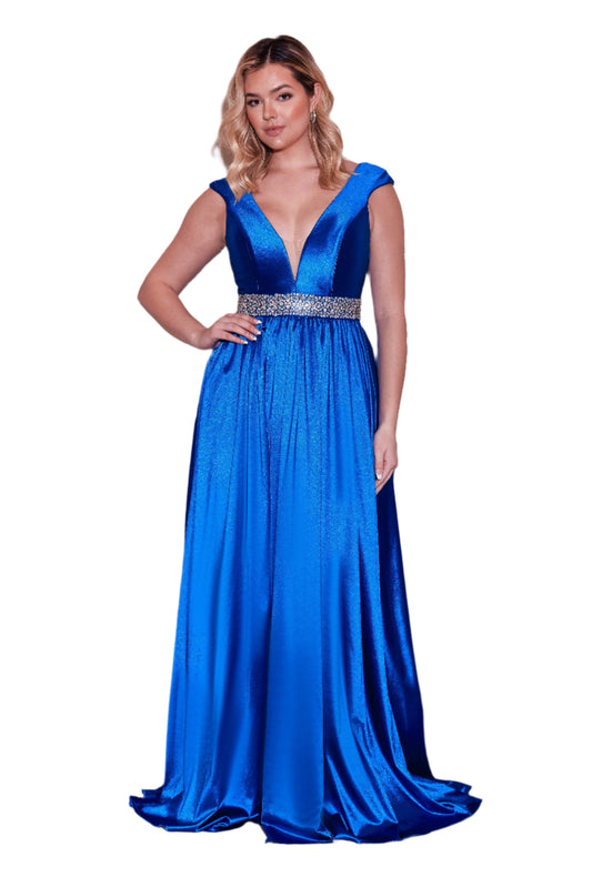 Dylan and Davids Full-Length Formal Gown Royal Blue Hand Beaded Belt Dress - ROYAL BLUE - FRONT 