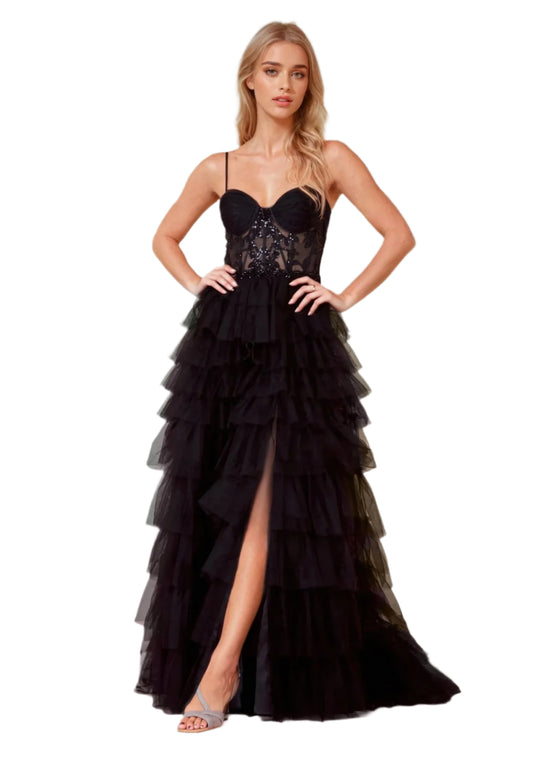 Dylan and Davids Full-Length Fuchsia Corset-Style Prom Dress Ball Gown - black - front 