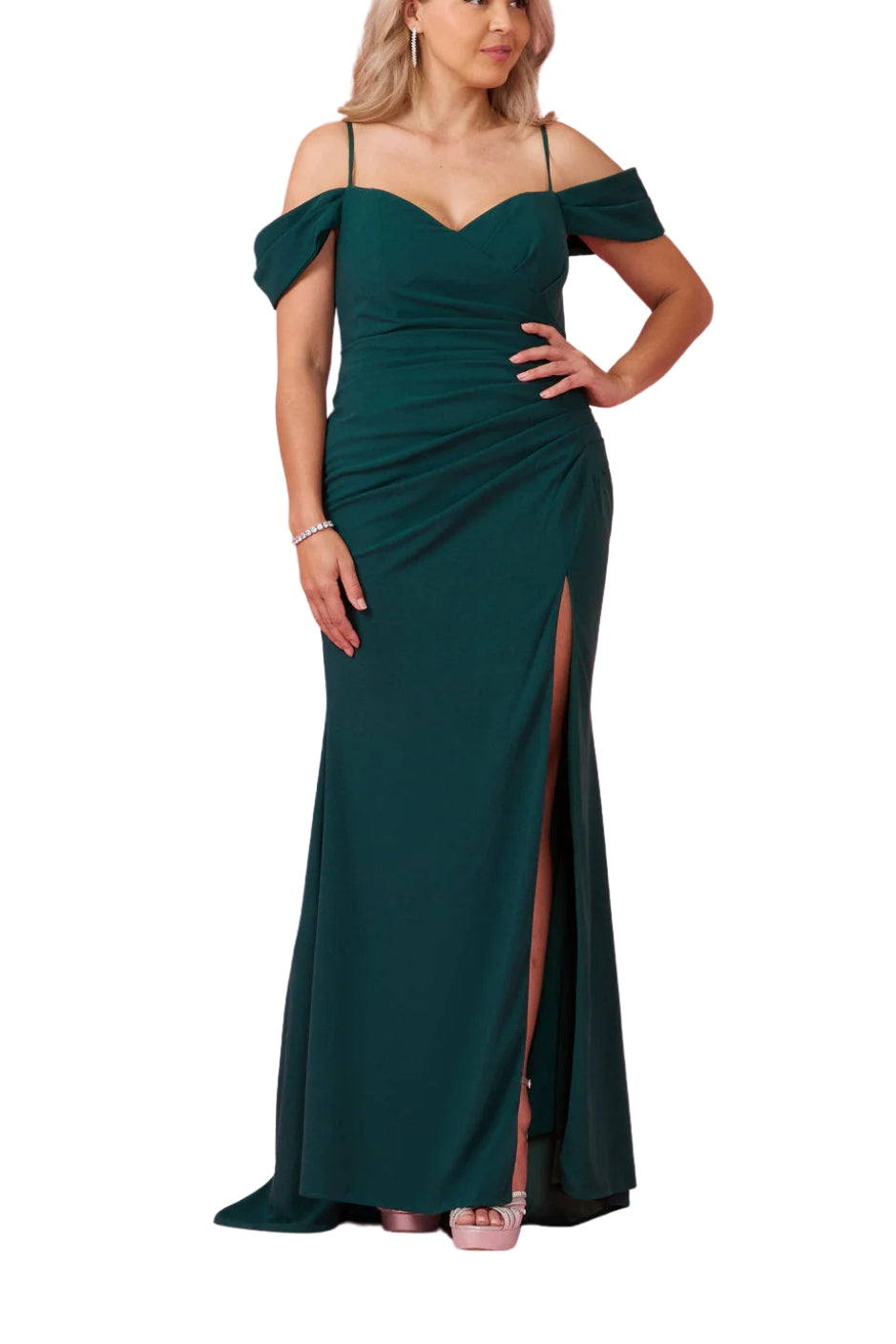 Dylan and Davids Full-Length Formal Off-The-Shoulder Wrap Evening Gown Dress - EMERALD GREEN - FRONT 