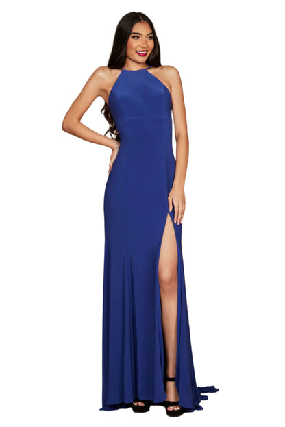 Dylan and Davids Full-Length Fitted Open Back Jersey Prom Dress - NAVY - Front