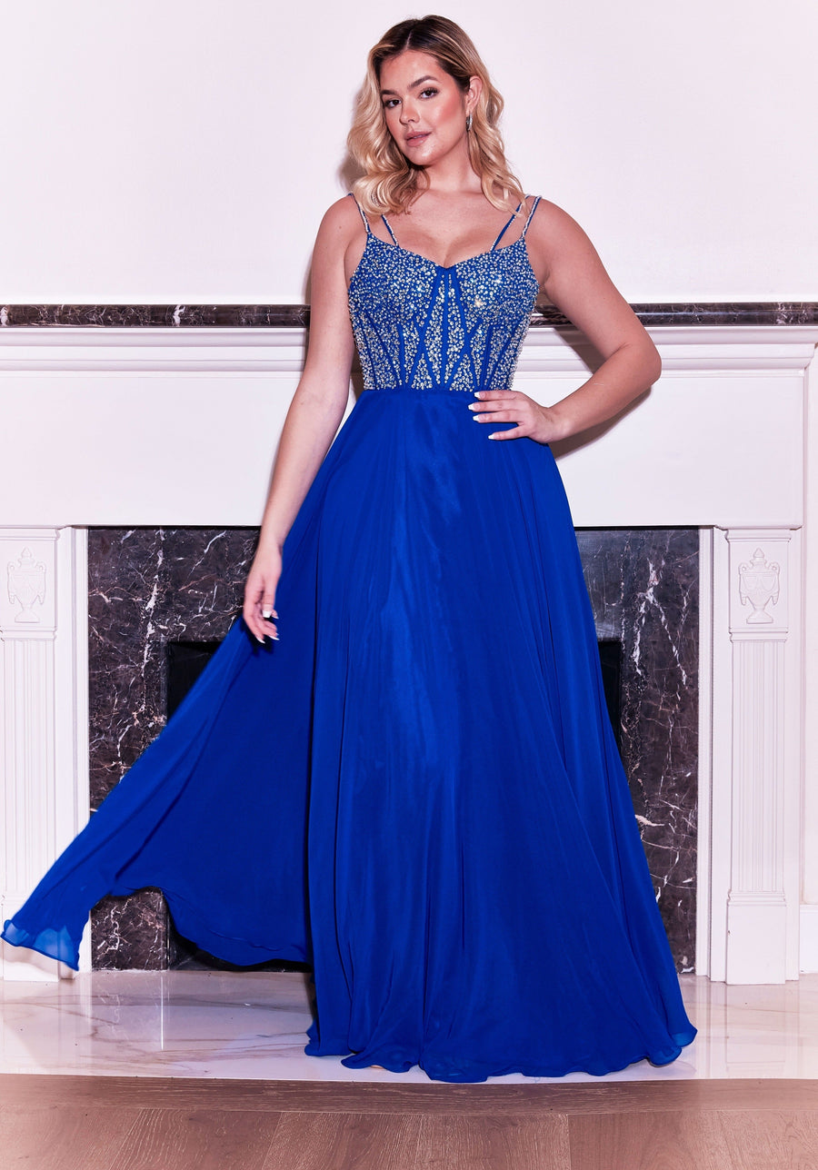 Floor Length Formal Royal Blue Hand Beaded Top Dress