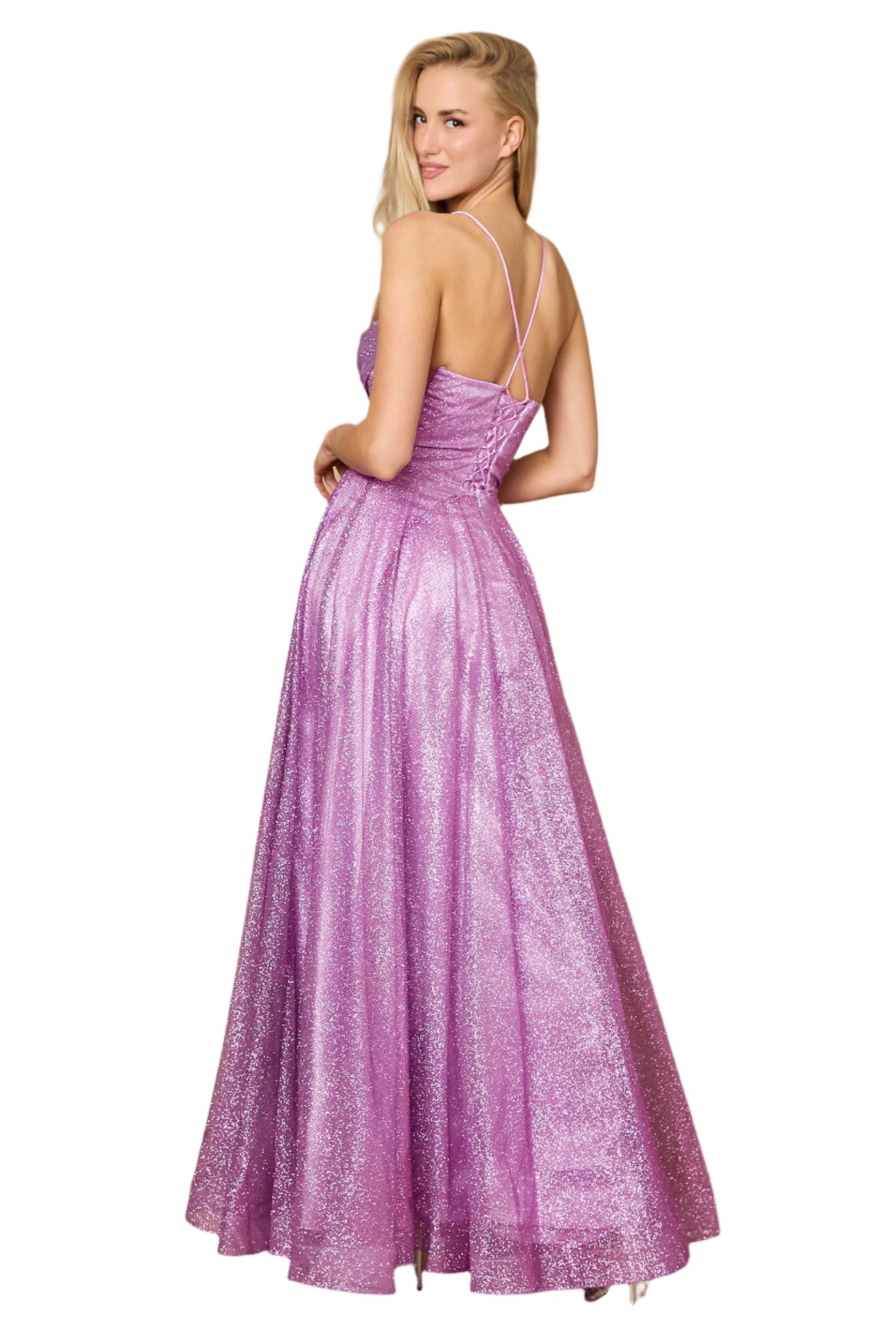 Dylan and Davids Full-Length Sparkling Cowl Corset-Style Prom Dress - MAUVE - Back