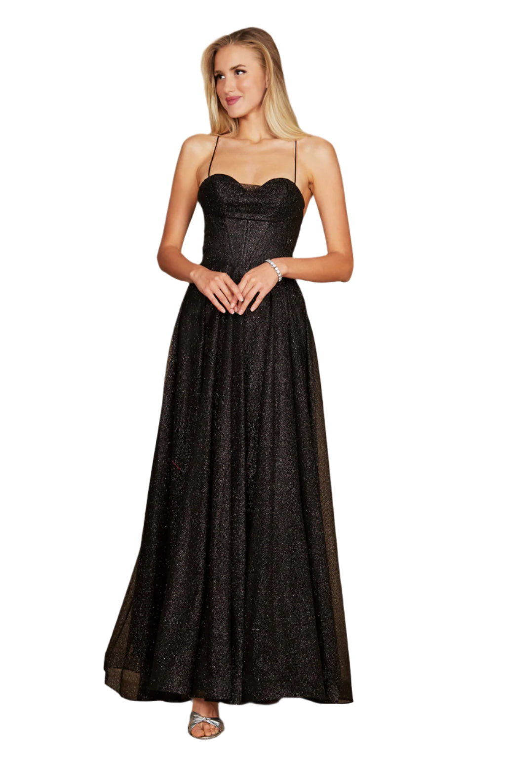 Dylan and Davids Full-Length Sparkling Cowl Corset-Style Prom Dress - BLACK - Front