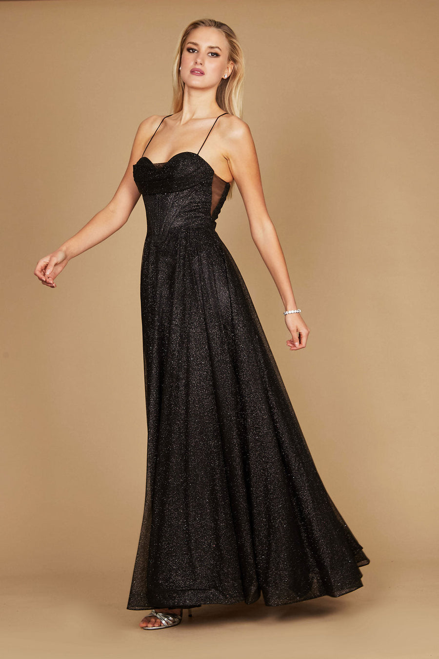 Long Sparkling Cowl Corset Prom Dress