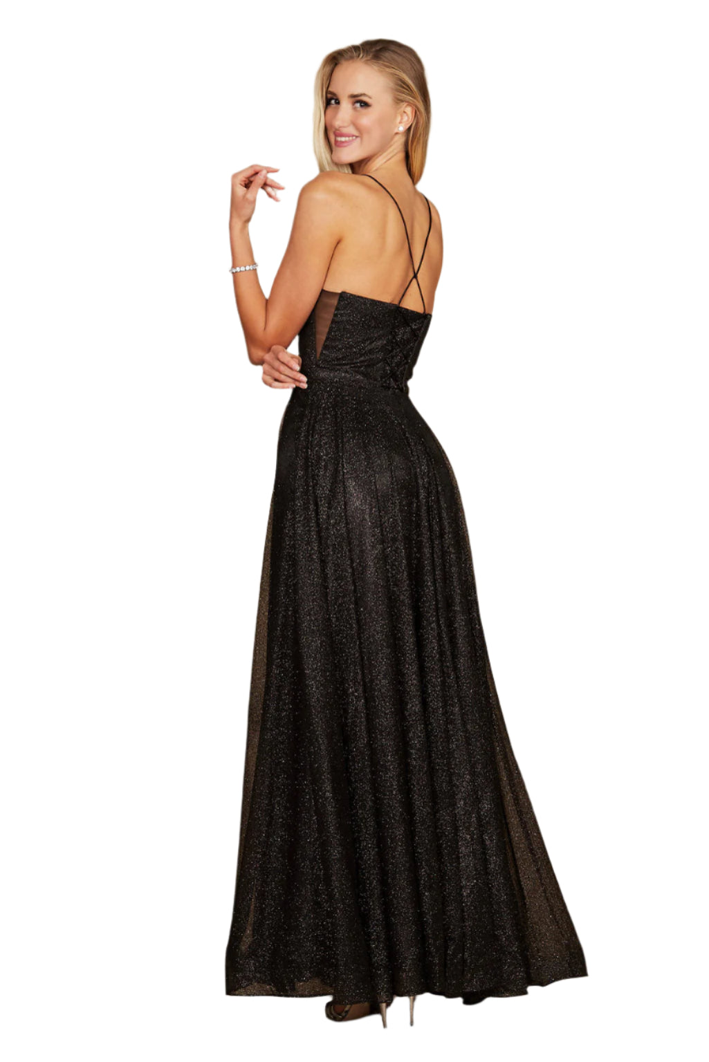 Dylan and Davids Full-Length Sparkling Cowl Corset-Style Prom Dress - BLACK - Back