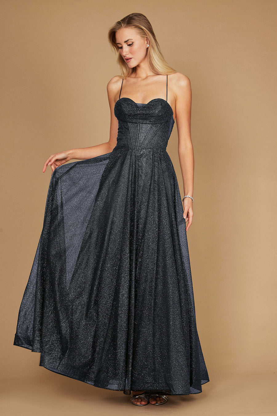 Long Sparkling Cowl Corset Prom Dress
