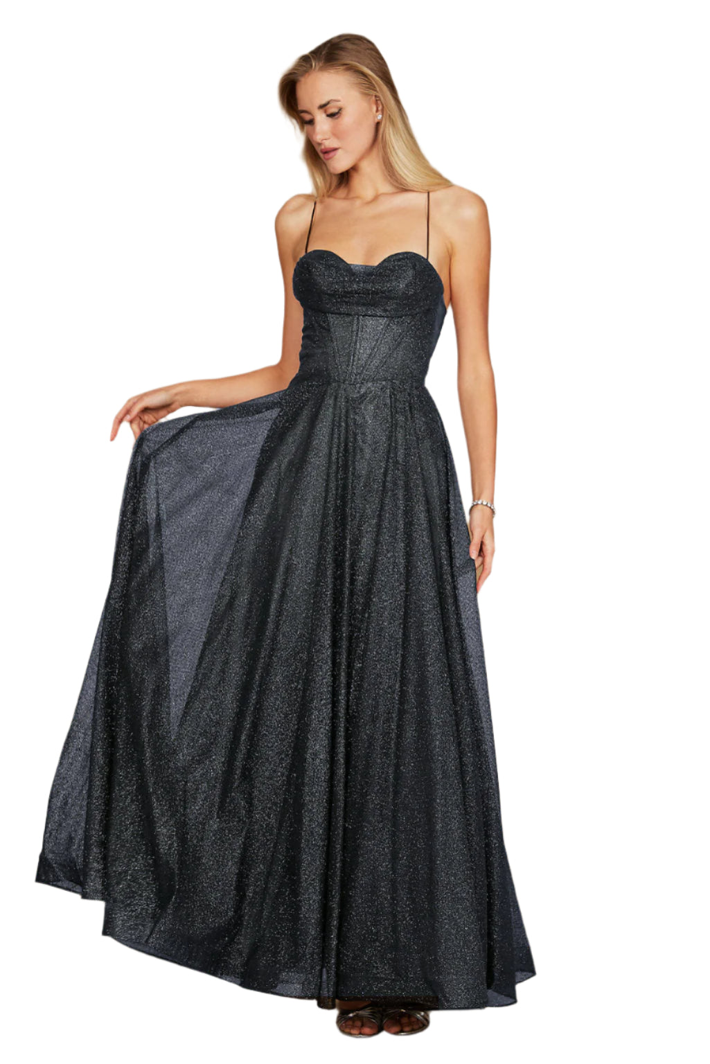 Dylan and Davids Full-Length Sparkling Cowl Corset-Style Prom Dress - CHARCOAL - Front