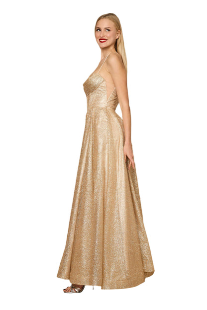 Dylan and Davids Full-Length Sparkling Cowl Corset-Style Prom Dress - GOLD - Side