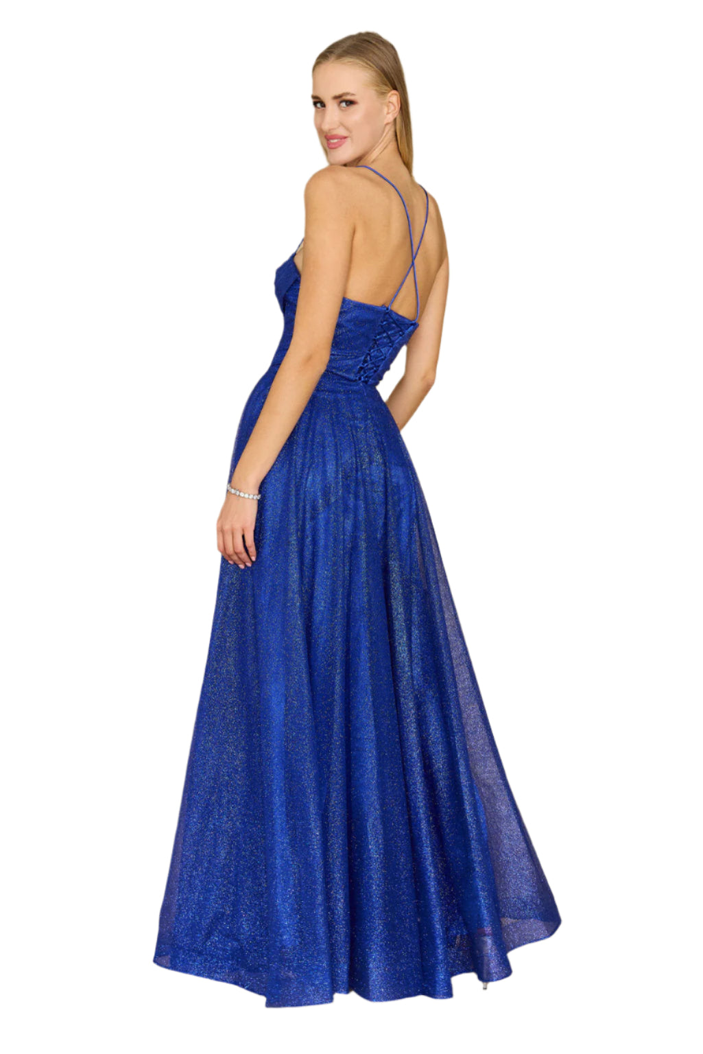 Dylan and Davids Full-Length Sparkling Cowl Corset-Style Prom Dress - ROYAL BLUE - Back