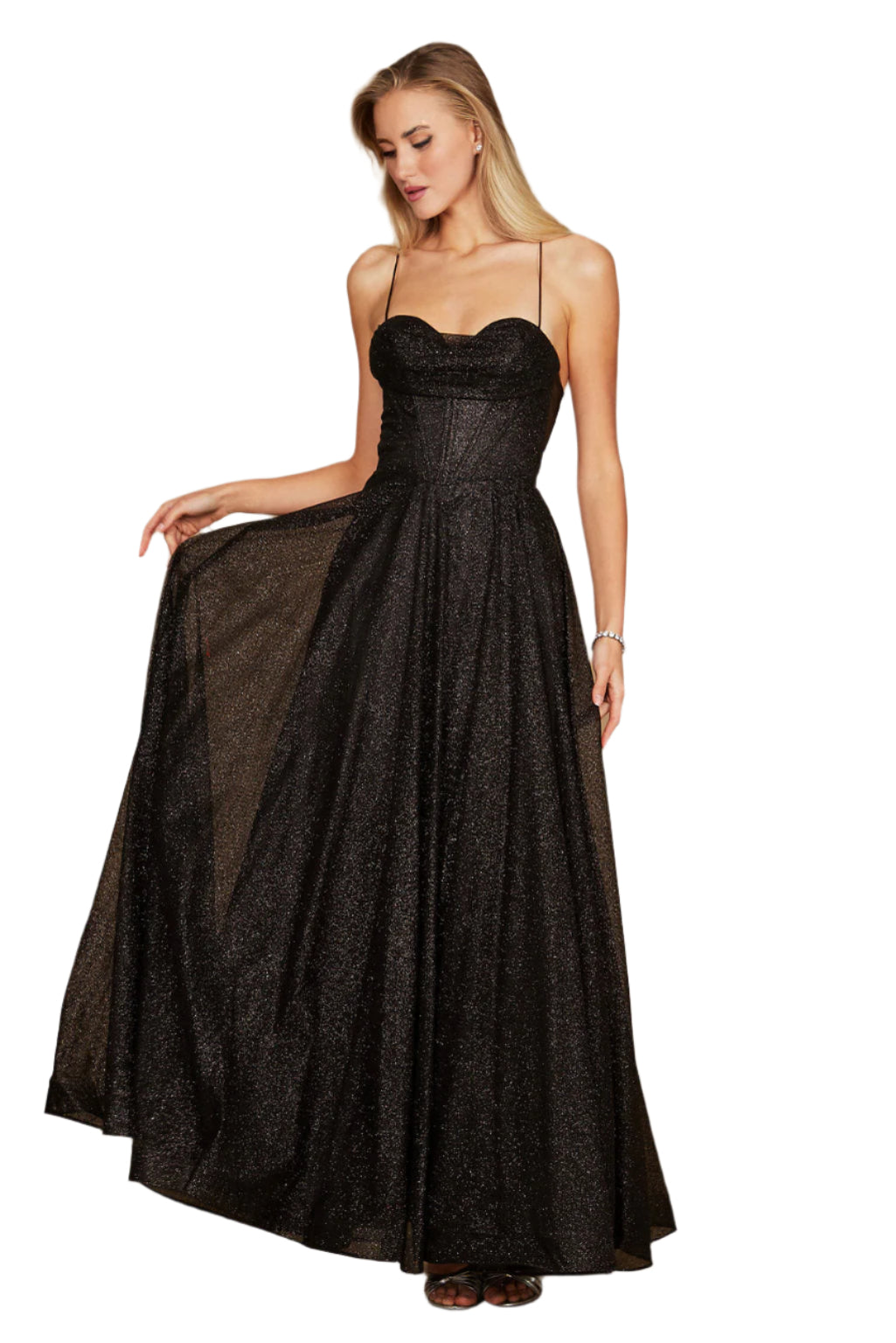 Dylan and Davids Full-Length Sparkling Cowl Corset-Style Prom Dress - BLACK - Front View