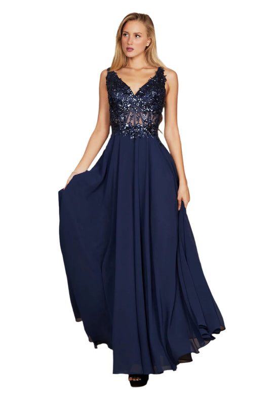 Dylan and Davids Full-Length Thick Strap Formal Gown Mother Of The Bride Dress - NAVY - Front