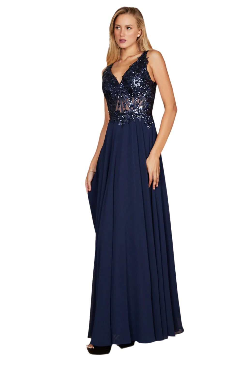 Dylan and Davids Full-Length Thick Strap Formal Gown Mother Of The Bride Dress - NAVY - Side