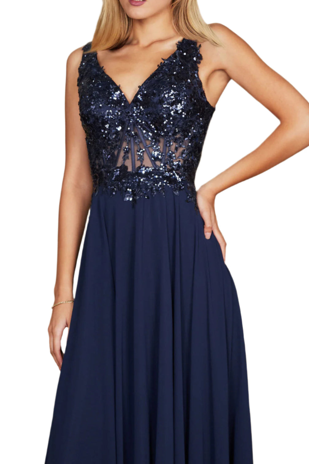 Dylan and Davids Full-Length Thick Strap Formal Gown Mother Of The Bride Dress - NAVY - Fabric