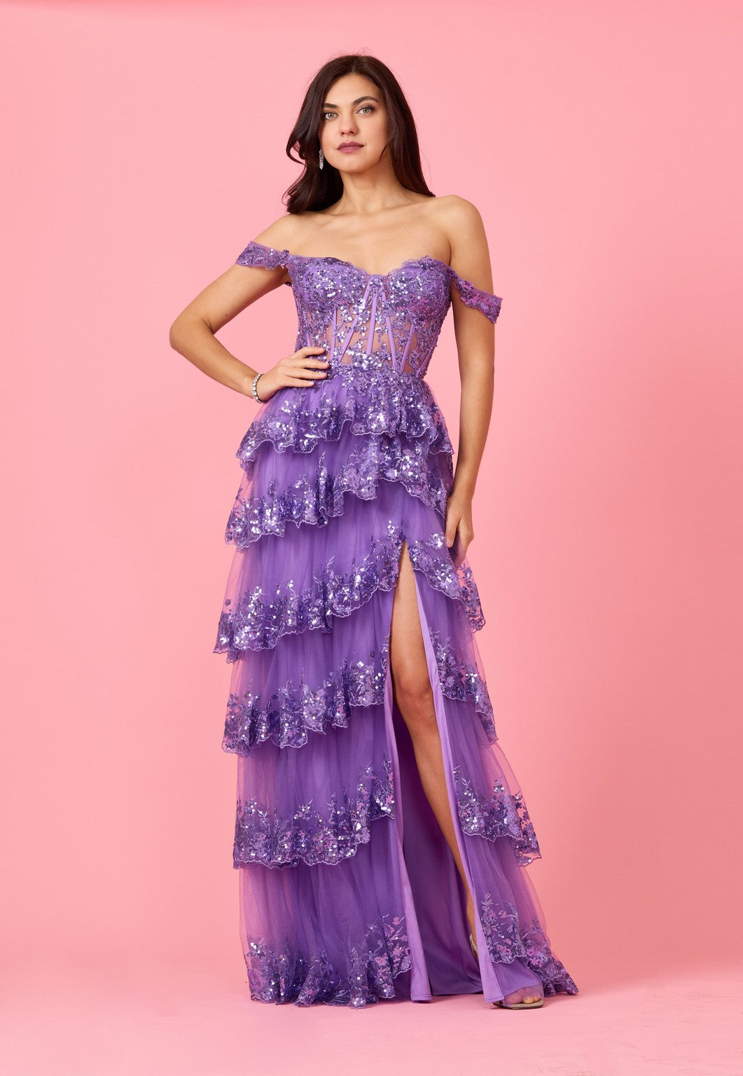 Floor Length Sequin Sheer Corset Prom Dress