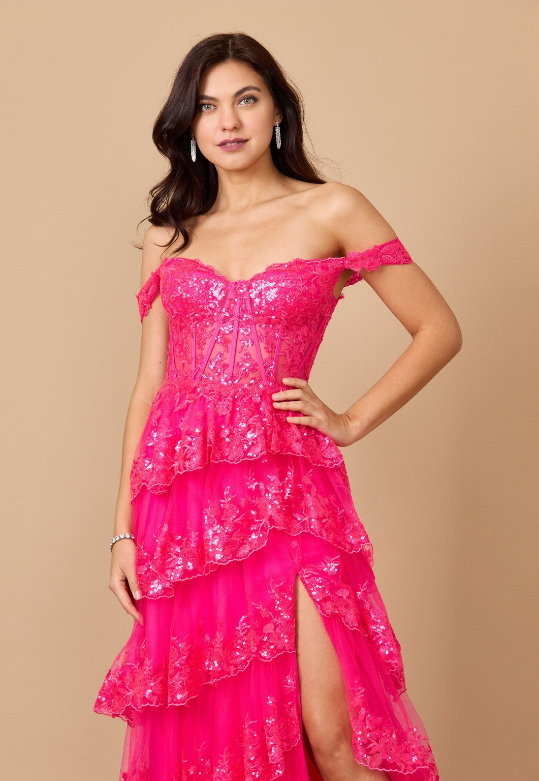 Floor Length Sequin Sheer Corset Prom Dress