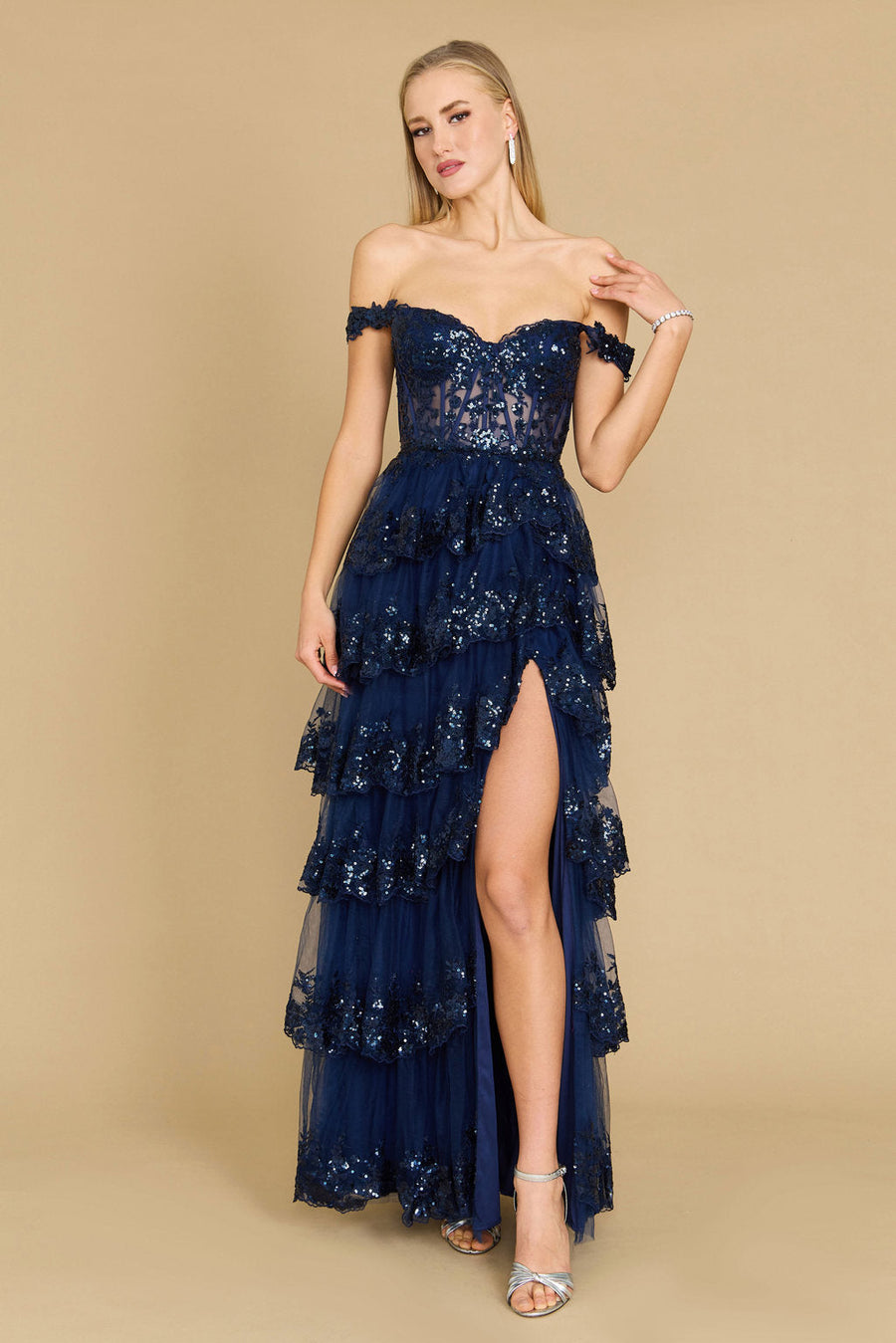 Floor Length Sequin Sheer Corset Prom Dress