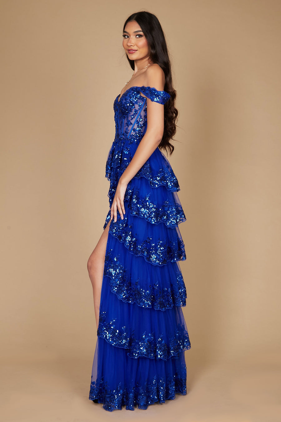 Floor Length Sequin Sheer Corset Prom Dress