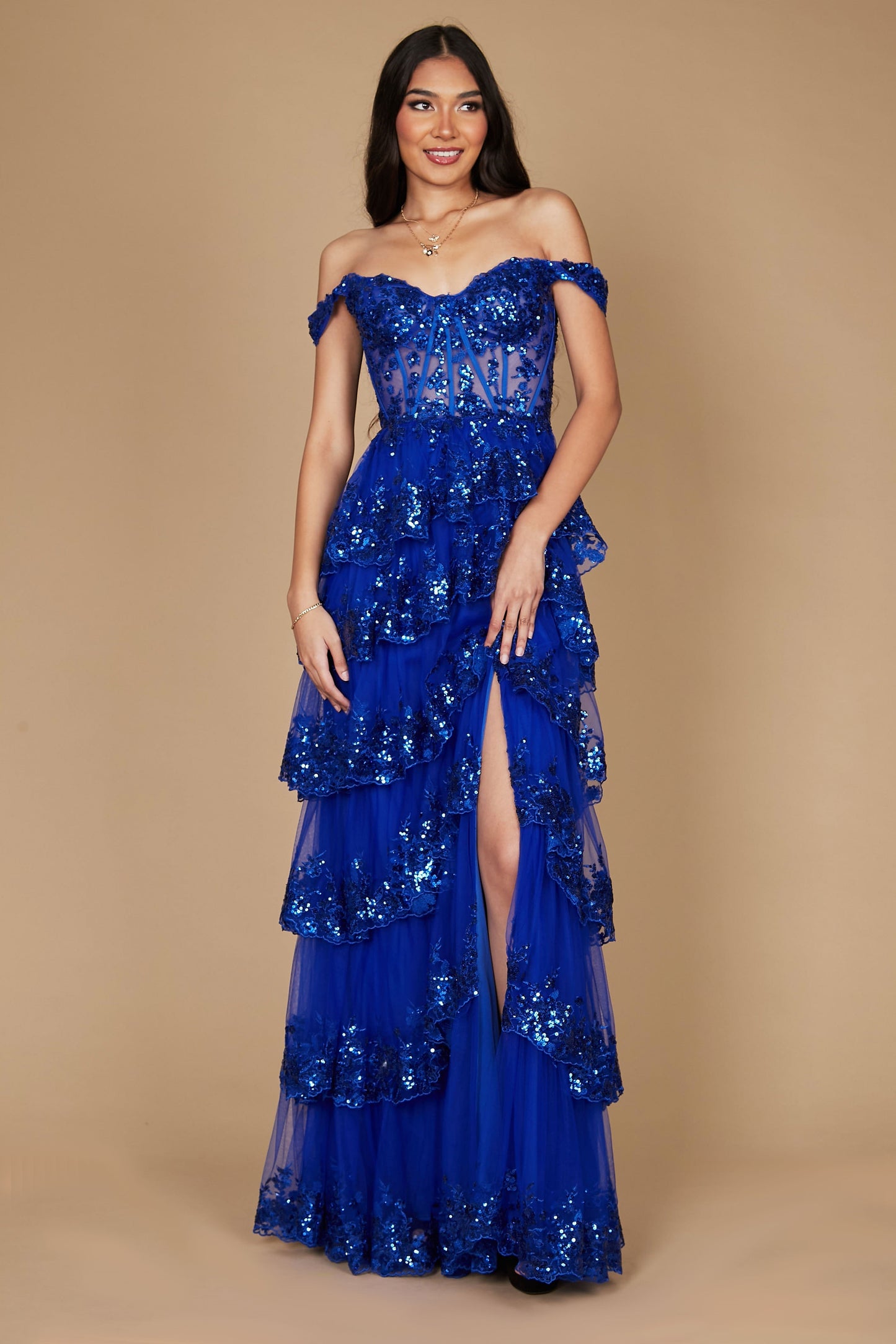 Floor Length Sequin Sheer Corset Prom Dress