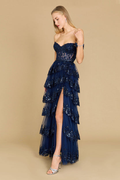 Floor Length Sequin Sheer Corset Prom Dress