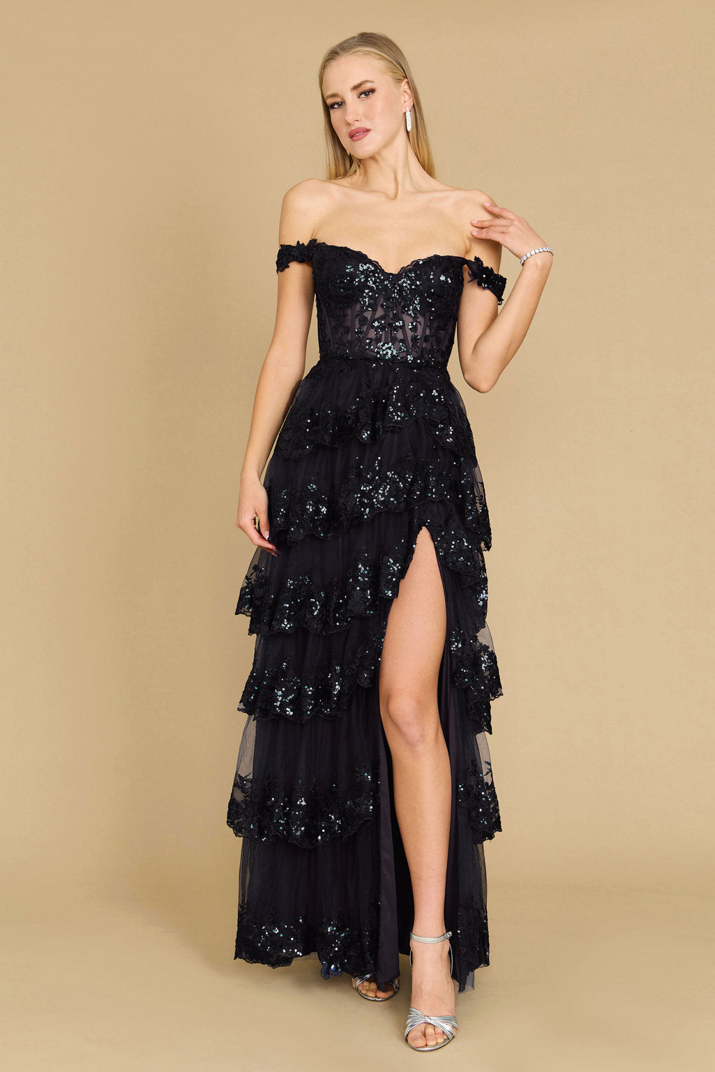 Floor Length Sequin Sheer Corset Prom Dress