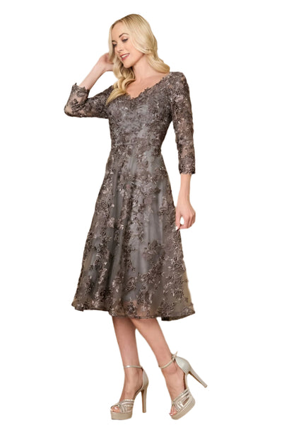 Dylan and Davids Midi-Length Cocktail Lace Mother of the Bride Dress - CHARCOAL - Side