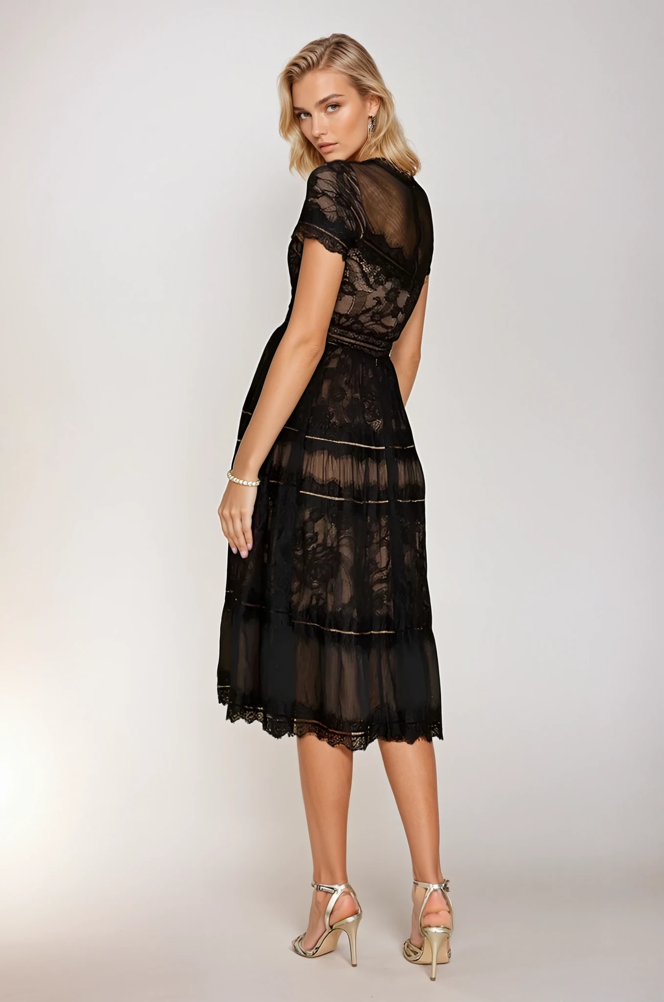 Tea Length Lace Formal Black Cocktail Dress