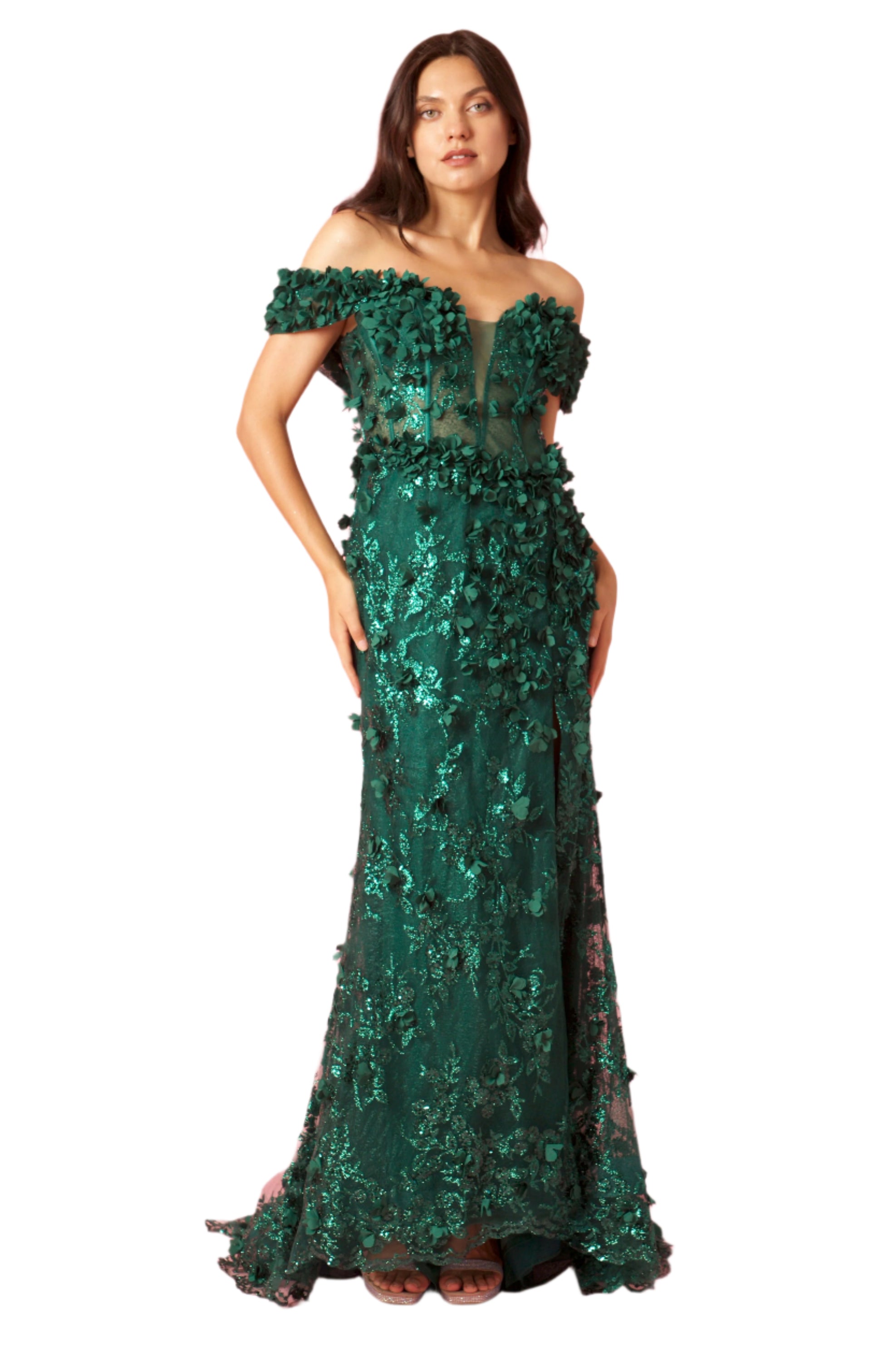 Dylan and Davids Full-Length Formal Gown Off the Shoulder 3D Floral Corset-Style Dress - EMERALD GREEN - FRONT 