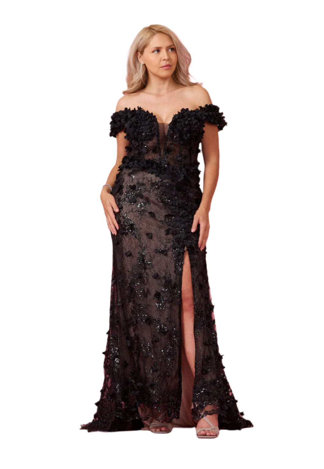 Dylan and Davids Full-Length Formal Gown Off the Shoulder 3D Floral Corset-Style Dress - black - front 
