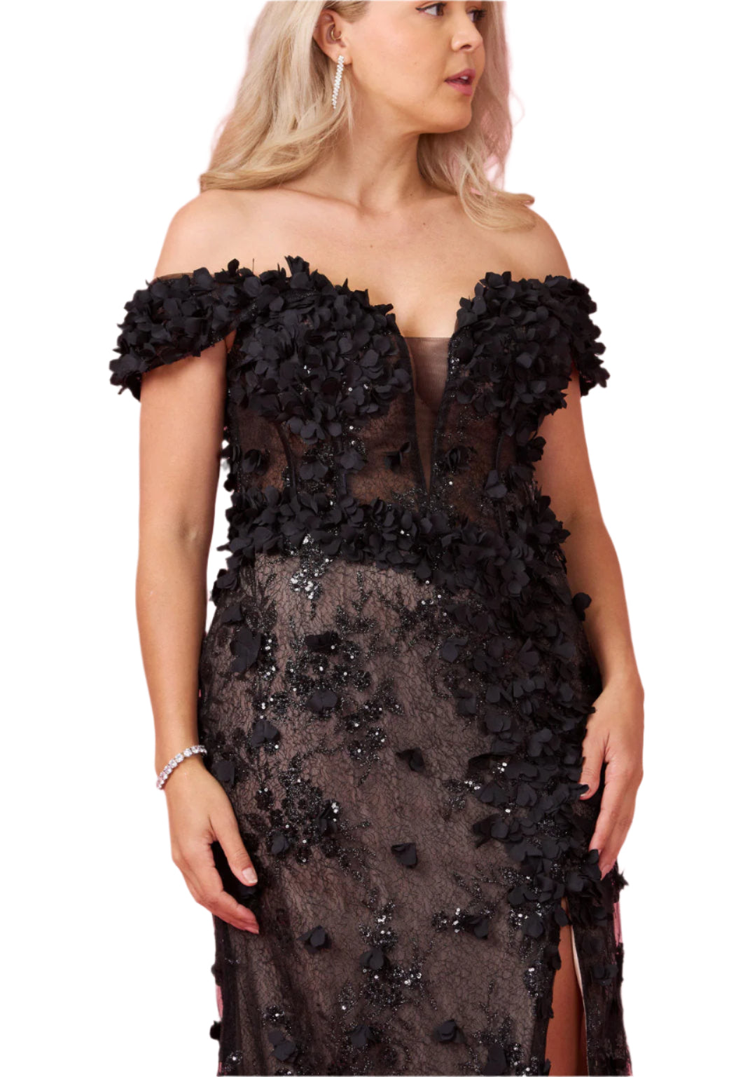 Dylan and Davids Full-Length Formal Gown Off the Shoulder 3D Floral Corset-Style Dress - BLACK - DETAILED VIEW