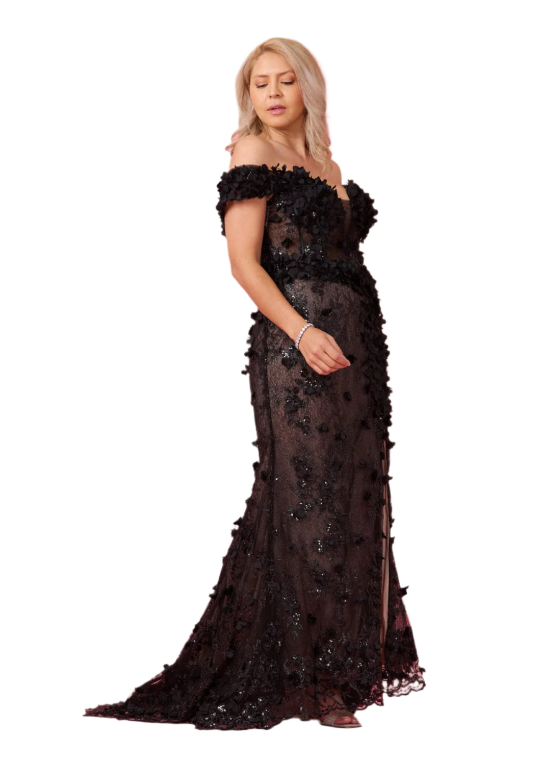 Dylan and Davids Full-Length Formal Gown Off the Shoulder 3D Floral Corset-Style Dress - BLACK - SIDE VIEW 2