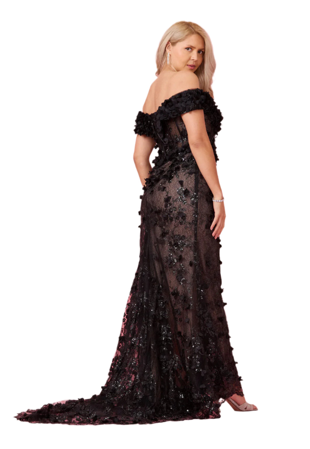 Dylan and Davids Full-Length Formal Gown Off the Shoulder 3D Floral Corset-Style Dress - BLACK - SIDE