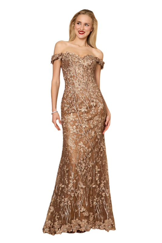 Kos Couture Off Shoulder Vintage Lace Mother of The Bride Dress -ANTIQUE GOLD - FRONT 