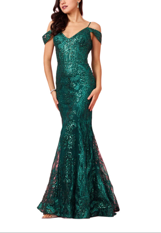 Dylan and Davids Off Shoulder Sequin Corset-Style Formal Gown Dress - EMERALD GREEN - FRONT 