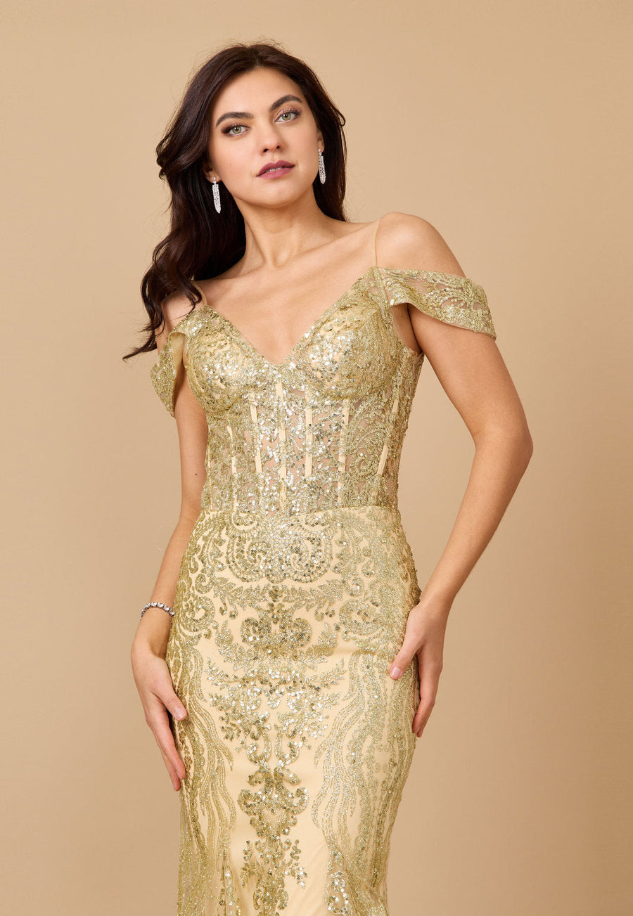 Off Shoulder Sequin Corset Formal Dress