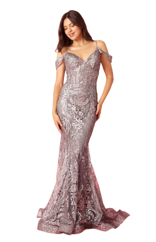 Dylan and Davids Off Shoulder Sequin Corset-Style Formal Gown Dress - CHARCOAL - FRONT VIEW 3