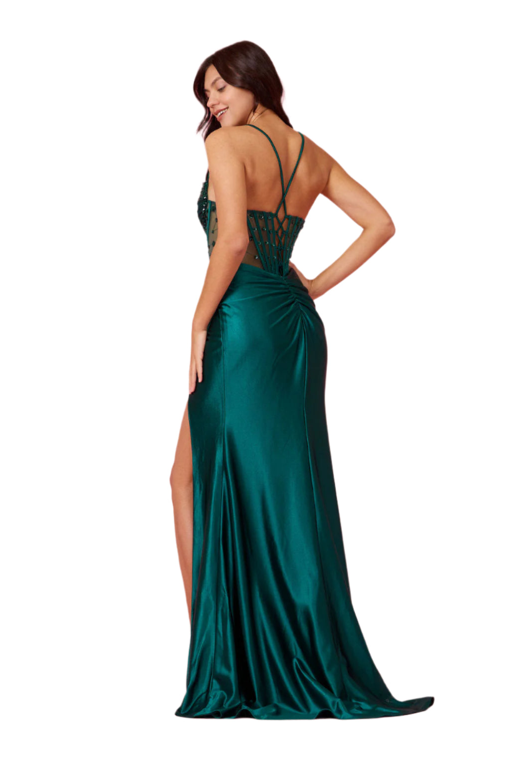 Kos Couture Full-Length Beaded Formal Gown Corset-Style Prom Dress -EMERALD GREEN -BACK 