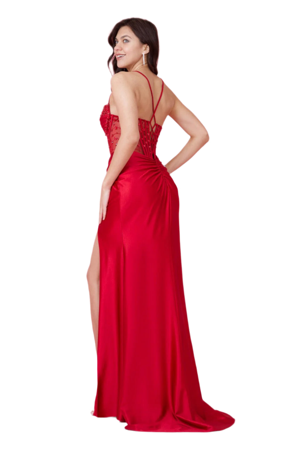 Kos Couture Full-Length Beaded Formal Gown Corset-Style Prom Dress - BURGUNDY - BACK
