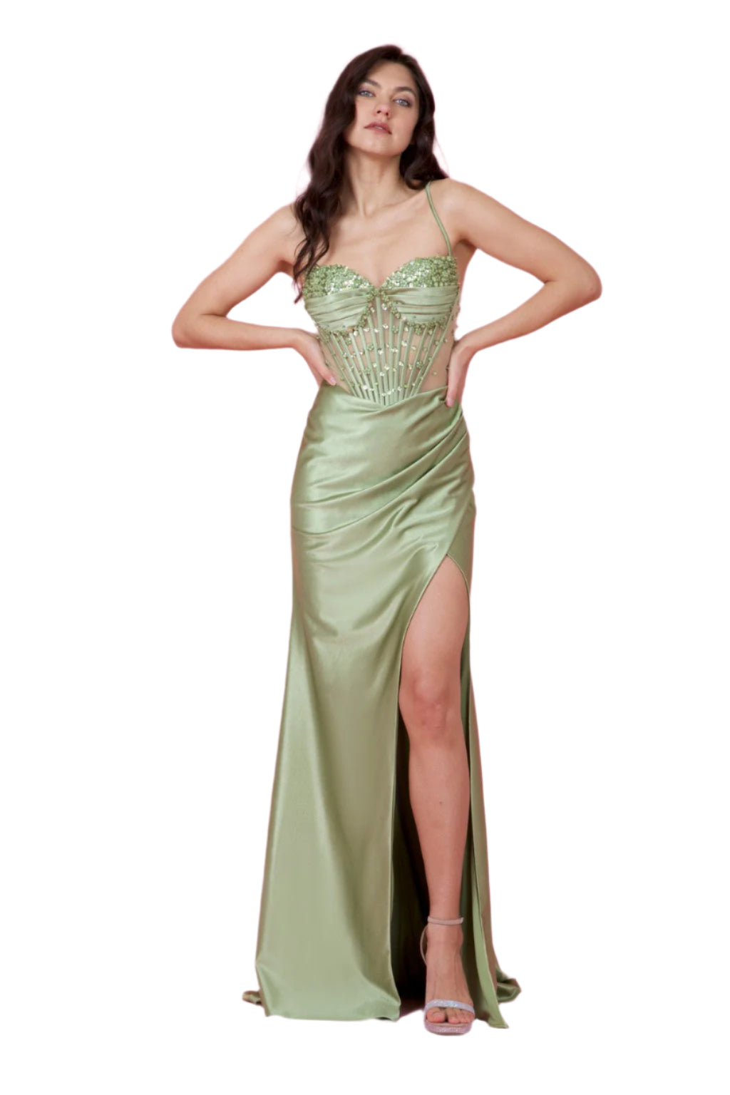 Kos Couture Full-Length Beaded Formal Gown Corset-Style Prom Dress -SAGE- FRONT 