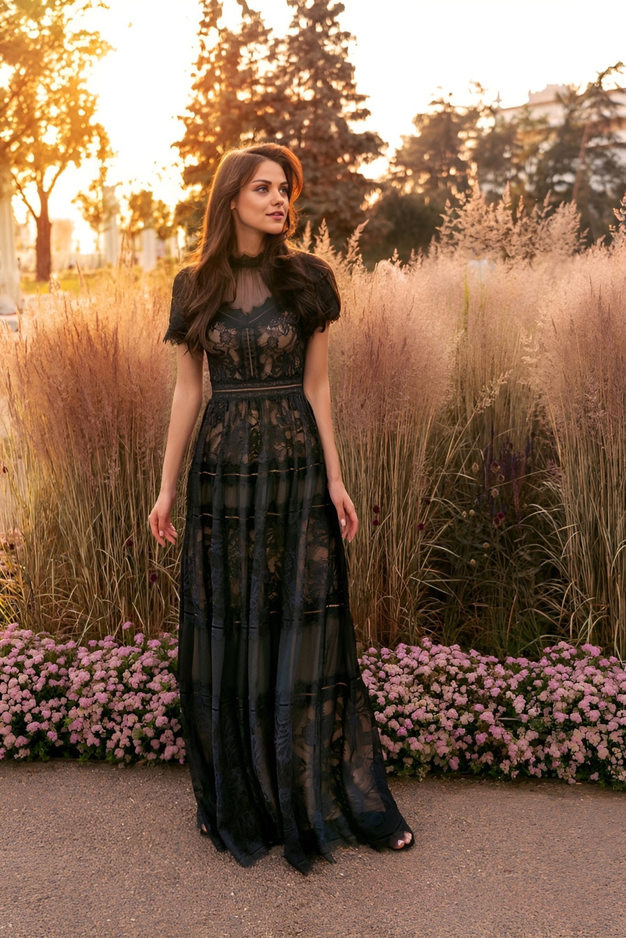 Floor Length Lace Formal Black Evening Dress